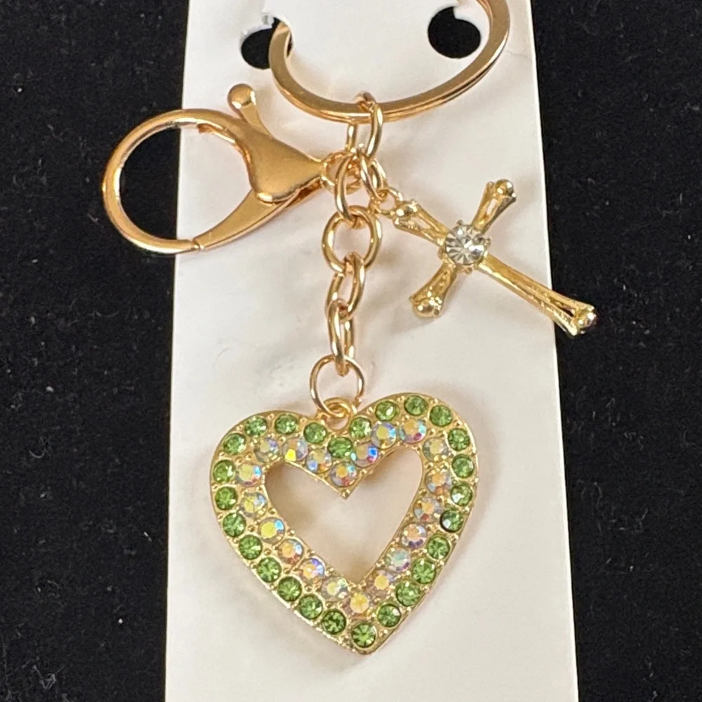 Mint Gold and Green Heart Keychain with Cross Charm - Picture 1 of 4